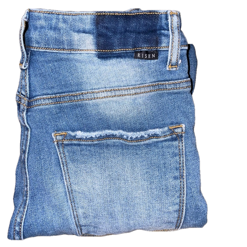 RISEN Jeans Distressed Two Tone Denim Straight Women Size 3 Boho Stretch Edgy - Picture 10 of 12